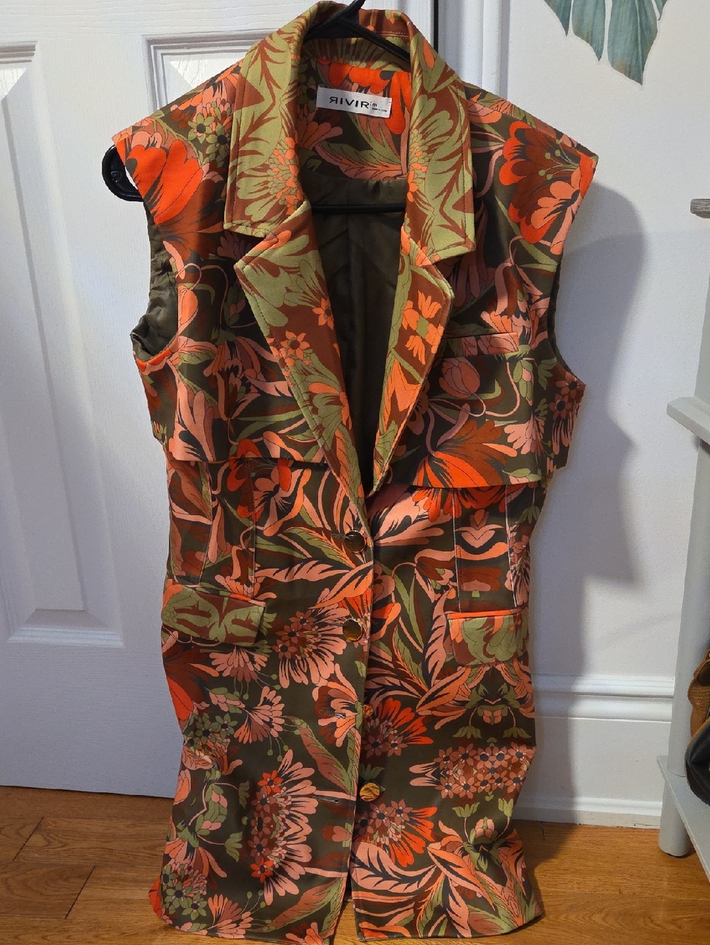RIVIR Floral Button Vest in Olive and Orange
